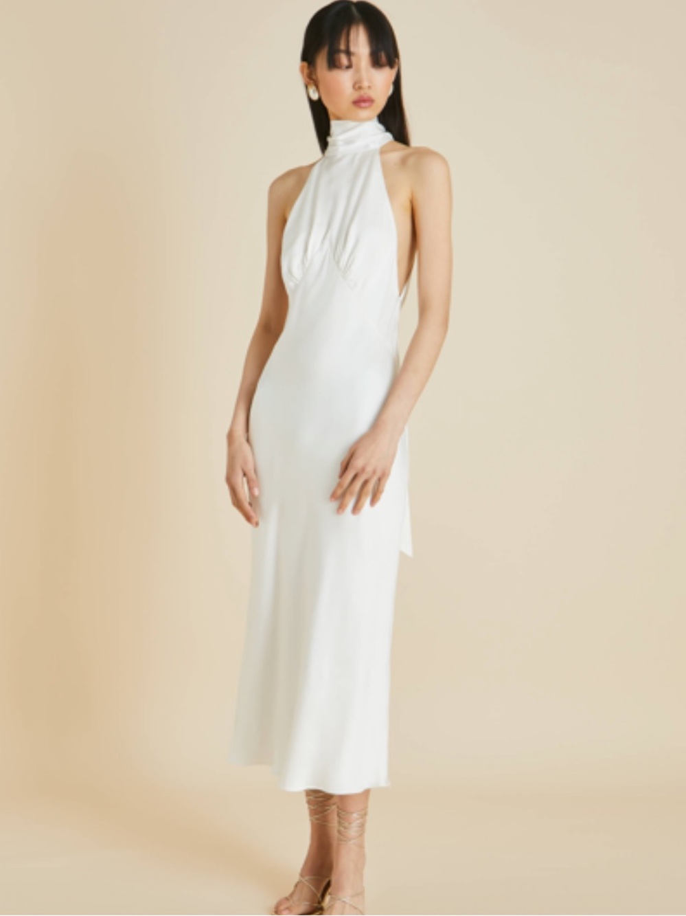 OLIVIA VON HALLE Greta Ivory Silk Habotai Halter Neck Dress